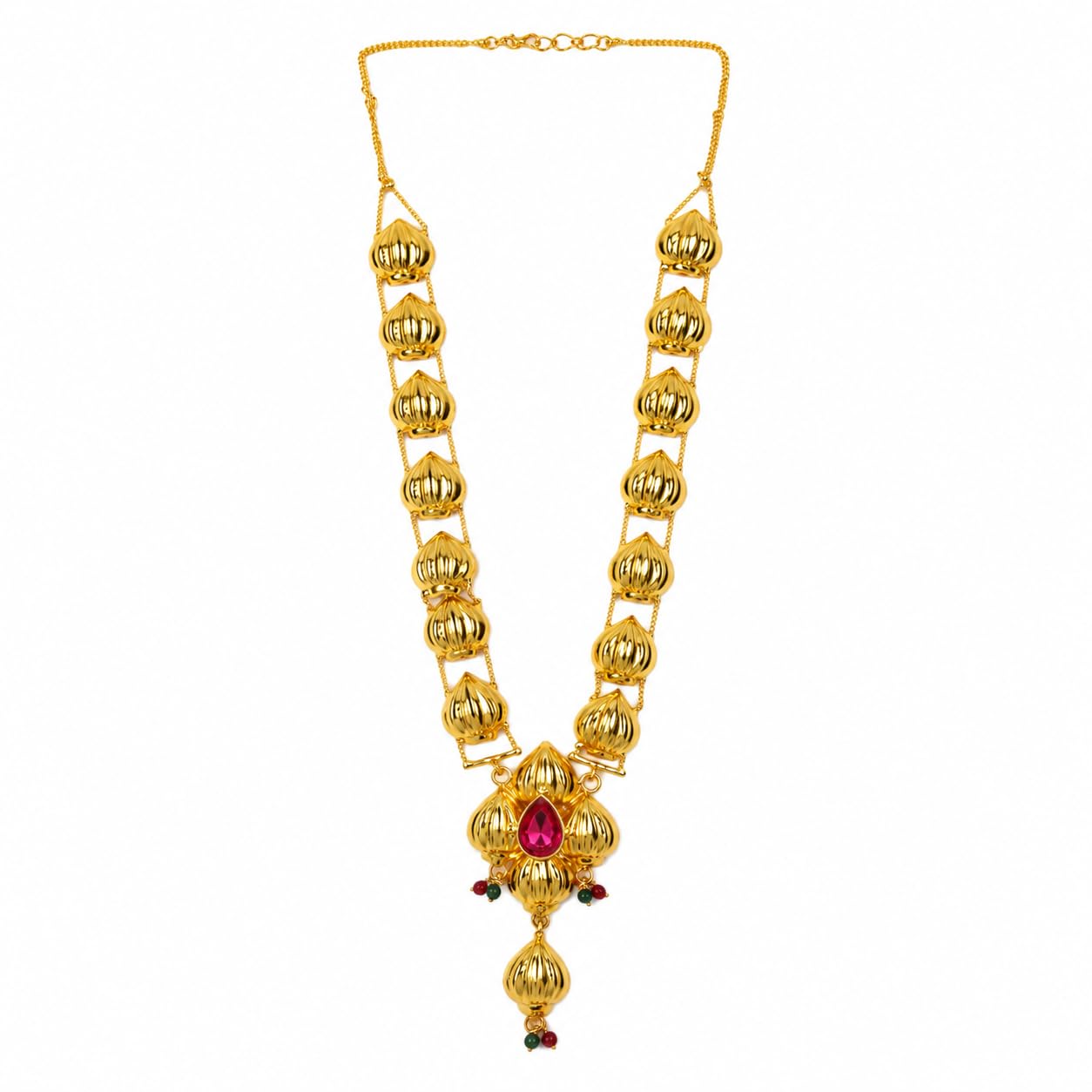 Art Jewellery Designer Ganpati Bappa Golden Lotus Bead Necklace with Ruby Stone Pendant| Necklace for Ganpatti Bappa | Ganapati Decoration Jewellery.-image-12
