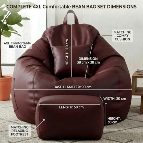 Image of KAM'S LIEU 5XL Luxury Faux Leather Bean Bag with Footrest & Cushion | Pre-Filled High-Density Polystyrene Beans | Premium Leatherette | 6 Months Warranty Color- (Maroon, with Footrest)