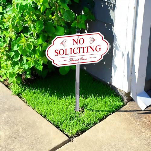 Image of Heavy Duty No Soliciting Sign for House - All Metal Construction No Soliciting Yard Sign - 14 inch x 7 inch - Aluminum - with 28 inch Long Stake (RED and WHITE)