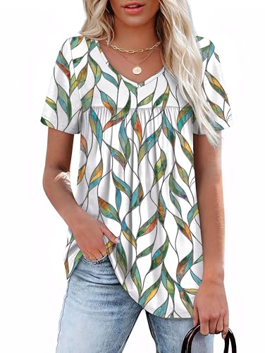 Image of Aokosor T Shirts for Women Summer Plus Size Clothing Short Sleeve Pleated Dressy Casual V Neck Loose Blouses Size 26-28 Colorful Leaf