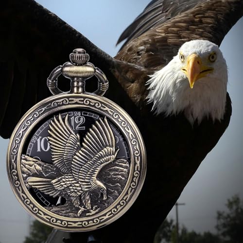 Image of SIBOSUN Eagle Design Pocket Watch with Chain Oversized 50MM 1.96 Inch Quartz Movement Arabic Numerals Half Hunter Cover Analog