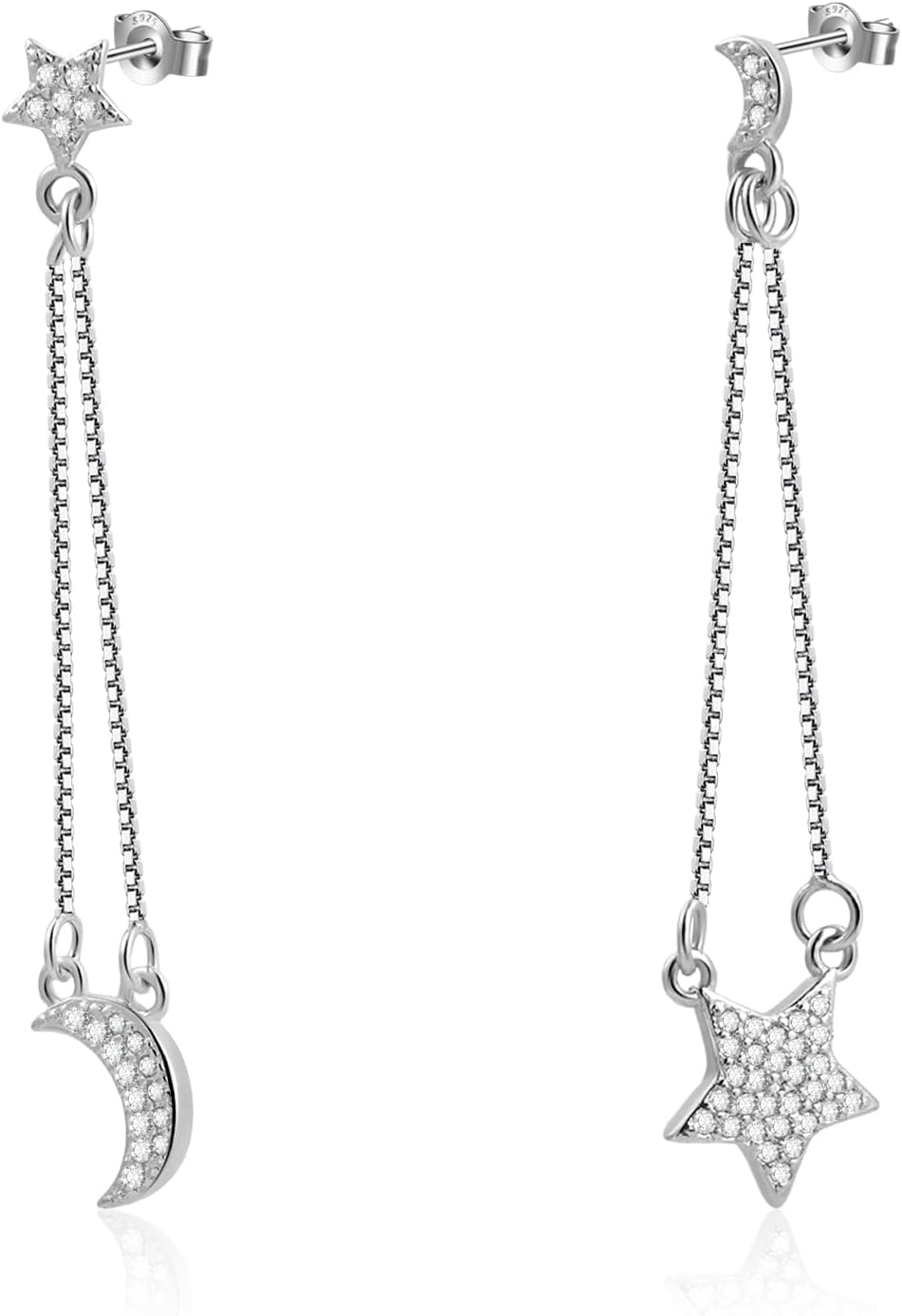 Silver Moon and Star Dangle Earrings for Women with Cubic Zirconia Asymmetrical Long Chain Tassel Earrings for Celestial Jewelry