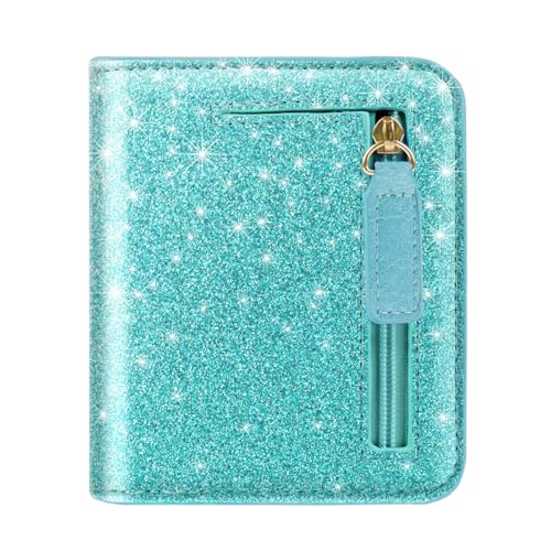 Image of Small Womens Glitter Wallet Thin Credit Card Holder Pocket | Compact Women Slim RFID Blocking Bling Wallets Bifold Ladies Mini Purse Pocket for Travel & Daily Use, Blue Green