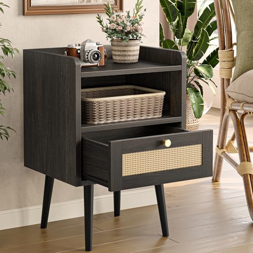 Image of MECHYIN Night Stand Set 2, Nightstands Set of 2 with Charging Station, Rattan Side Tables with Solid Wood Legs, Boho Bedside End Table for Apartment Bedroom Dorm Small Space