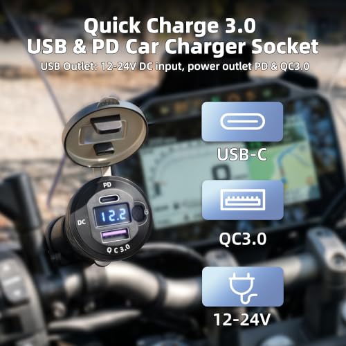 Image of DaierTek Waterproof DIN /Hella USB Charger Adapter,DC QC Powerlet Motorcycle Phone Charger with Blue LED for BMW Triumph Tiger Ducati