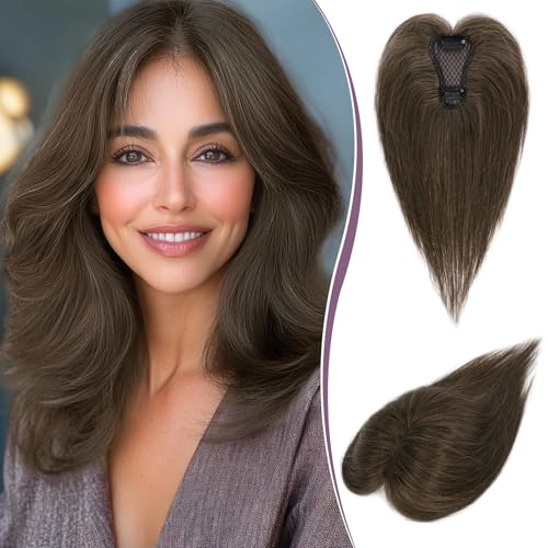 RUWISS Topper Cabello Humano Mujer Real Humano Ligero Marrón Clip en Pieza de Pelo para Adelgazamiento de Cabello Esponjoso Liso Topper sin Flequillo