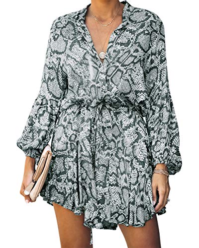 Clarisbelle Womens Long Sleeve Floral Printed Ruffle Mini Dress Tie Waist Chiffon Button up Dresses Snake XXL