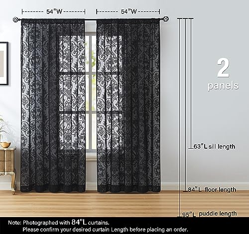 Image of Black Lace Curtains 84 inch Damask Sheer Curtain Panels for Living Room Bedroom Luxury Vintage Light Filtering Victorian Drapes Black Window Treatment Sets Rod Pocket 2 Panels 54 inch W