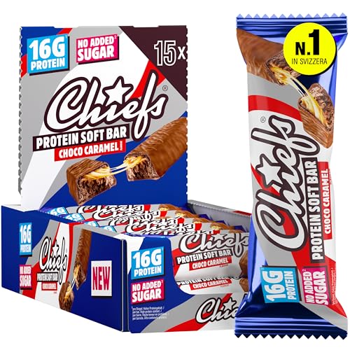 CHIEFS Protein Snack al Cioccolato, Barrette Proteiche, Per uno Spuntino Goloso, Per il Controllo del Peso, Per il Recupero Dopo lo Sport, 15 Barrette da 55g, Cioccolato e Caramello