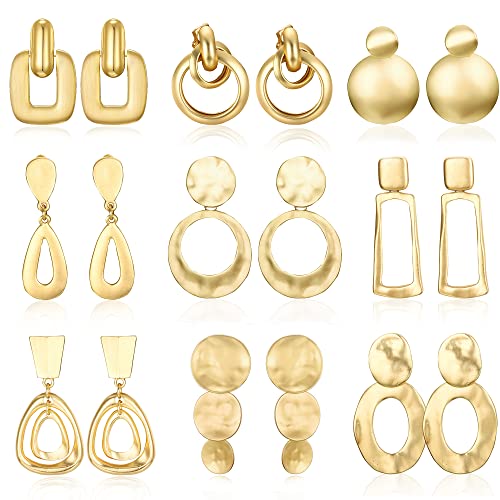 FIBO STEEL Gold Plated Clip on Earrings for Women Non Pierced Drop Dangle Clip on Earrings - Chunky Fashion Accessories Big Rectangle Geometric Statement Clip Earring Set