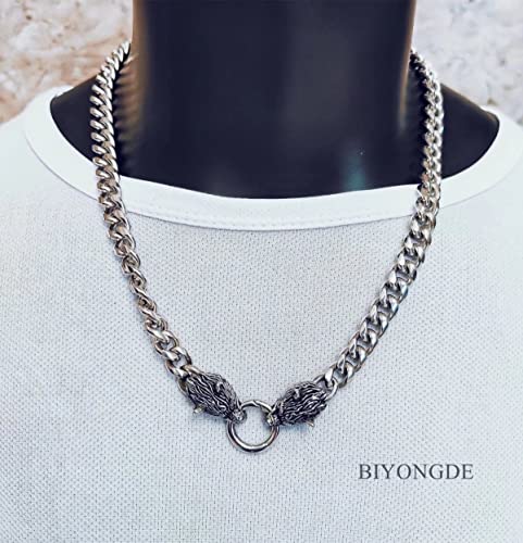 Masculine Heavy Miama Cuban Link Chain Pendant Necklace for men, Vintage Wolf Head/King Lion Head Spring Ring Clasp, Punk Rock3