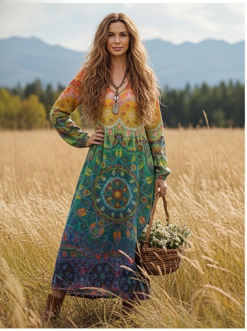 Womens Boho Floral Long Sleeve Maxi Dresses Vintage Casual Cotton Linen Oversized Flowy Tunic Dress - Image 3