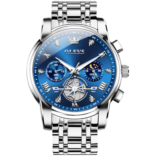 Image of OLEVS Watch for Men Stainless Steel Chronograph Big Face Easy to Read Analog Quartz Watches Luxury Waterproof Date Diamond Roman Arabic Numerals Dial Dress Wrist Watches, 2856:Silver Blue, Classic