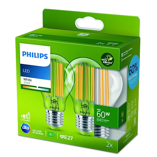 Philips LED Classic ultraeffiziente E27 Lampen 2er-Pack (60 W), LED Lampen mit neutralweißem Licht, energiesparende Lampen mit langer Nutzlebensdauer, Energieeffizienzklasse A