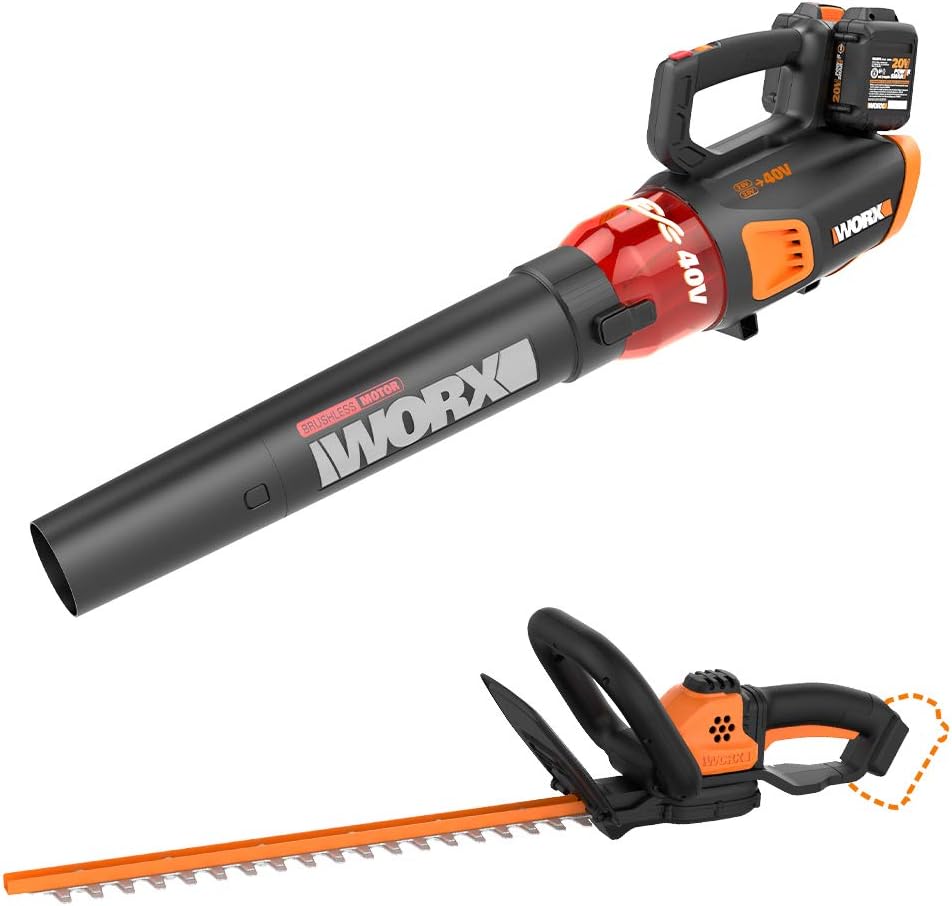 WORX WG584 40V Power Share Turbine Cordless Leaf Blower with Brushless Motor (2x20V Batteries) with Power Share 22-inch Cordless Hedge Trimmer