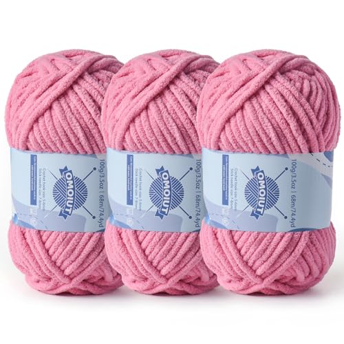 Image of 3 Pack Chunky Chenille Yarn for Crocheting, Baby Yarn for Crocheting Soft Blankets, Bulky Yarns for Crochet Amigurumi, 300g (223yds) Fluffy Velvet Yarns for Hand Knitting (3 Deep Pink)