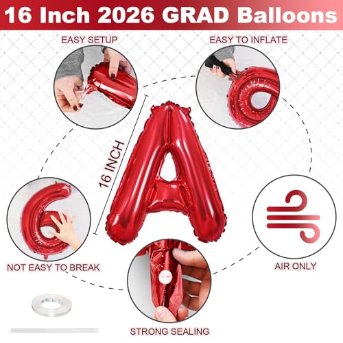 Image of 2026 Congratulations Grad Balloons, 16 Inch Red 2026 GRAD Foil Balloons Banner Sign Sign for for Graduation Decorations 2026, College High School Class of 2026 Graduate Congrats Party Decor Supplies