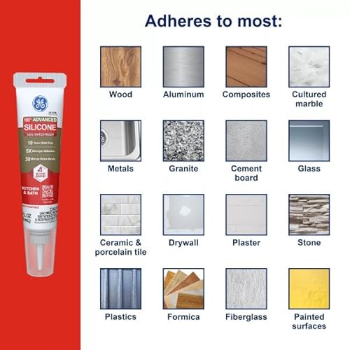 image for GE Advanced Silicone Caulk for Kitchen & Bathroom, White, 2.8 fl oz Tu