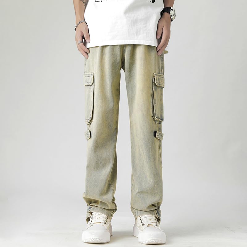 Xingfenly Korean Style Straight Gradient Jeans Men Big Pockets Wide-Leg Middle Waist Pants Male Trousers Size3