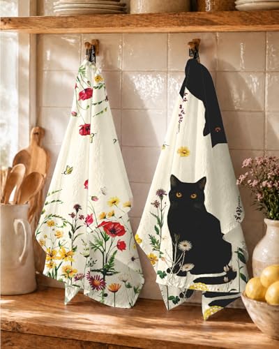Image of Miss Adola 4PCS Flour Sack Towels - 18 inchx 26 inch Floursack Dish Towels with Hanging Loop Set of 4 Cotton Tea Towel Absorbent Decorative Dishcloth for Drying Home Decor Housewarming Gift, Cat in Flower