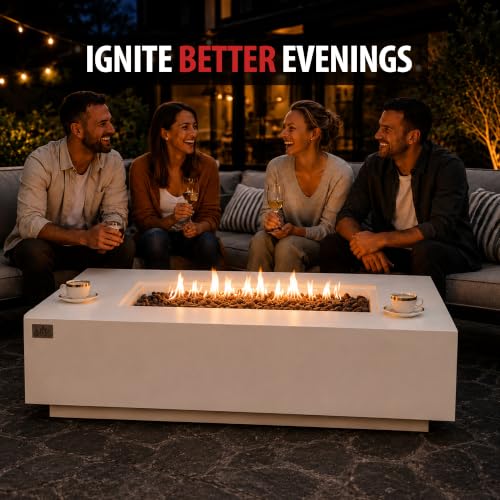 Image of AMS Creations | Madison 60 inch Bundle Rectangular Propane Gas Outdoor Fire Pit Table | Cream White Concrete GFRC | Smooth Texture or Surface | Electronic Ignition | Outside Backyard Fireplace