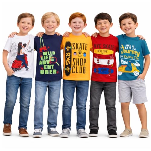 Image of T2F Boys Cotton Regular fit T-Shirts Pack of 5 |Soft Cotton Breathable Fabric | Half Sleeve Round Neck | Casual Wear Combo | Kids Clothing
