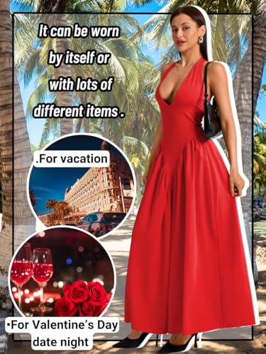 Image of ChiaoLezhee Deep V Neck Dress, Halter Maxi Dresses, Vacation Date Night, Sexy for Women Corset Flowy Wedding Guest Drop Waist