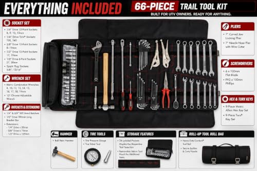 Image of BOXO USA UTV Tool Roll 66-Piece Tool Kit for Polaris RZR, Can-Am Maverick, Honda Talon & Side-by-Side UTVs - Premium Trail Repair Tool Set with Ratchets, Sockets, Wrenches & Cordura Roll Bag