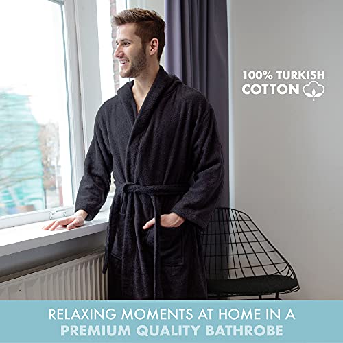 Twinzen Bademantel Herren - XL - Schwarz - 100% Baumwolle (350g/m²) OEKO-TEX® Zertifiziert - Bademantel mit Kapuze, 2 Taschen, Gürtel