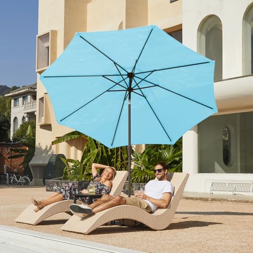 Image of JEAREY 9FT Patio Umbrellas Outdoor Table Umbrella with Push Button Tilt and Crank, Market Umbrella 8 Sturdy Ribs UV Protection Waterproof for Garden, Deck, Backyard, Pool (Sky Blue)