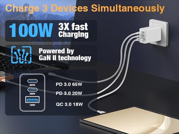 Image of 65W Fast Charging for iPhone Duo 18 17 16 Pro Max,3 Port 100W USB C Charger Block & 3 /6 /6 /10FT Braided Type C Cord for iPhone 17 16 15 Pro,for Samsung S26 Ultra /MacBook Air /iPhone 18 Pro Max-Blue