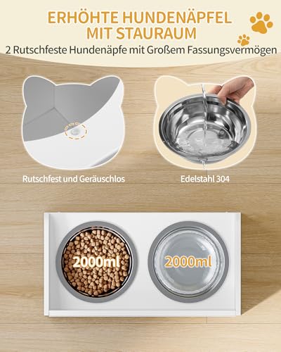 Hzuaneri Erhöhter Hundenapf mit Schiebetür-Aufbewahrung, 2 x 2 L Edelstahlnäpfe, 46 cm Hoch, Futterstation für Mittelgroße Bis Große Hunde, Mattweiß PB88003W