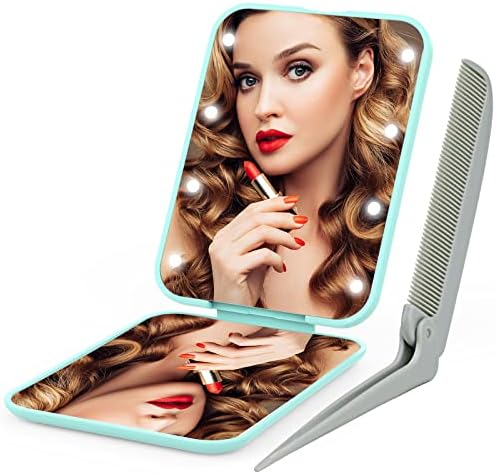 Compact Makeup Mirror Ultra-thin Purse Mirror with Mini Tail Comb Pocket Mirror 2-sided 2x Maginification LED Lighted Mirror Portable Travel Mirror HD Vanity Mirror Home Office Women Girl Lady Gift