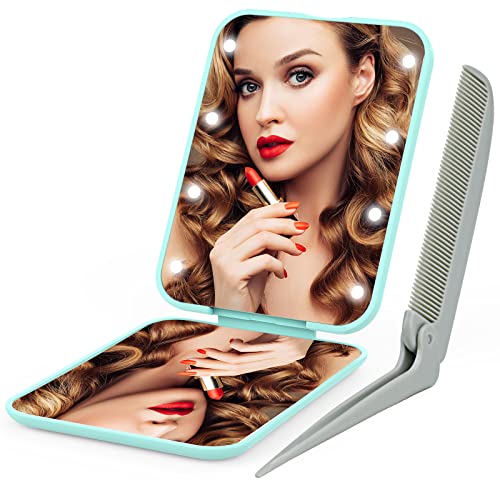 Compact Makeup Mirror Ultra-Thin Purse Mirror With Mini Tail Comb Pocket Mirror 2-Sided 2X Maginification Led Lighted Mirror Portable Travel Mirror Hd Vanity Mirror Home Office Women Girl Lady Gift #TOP2