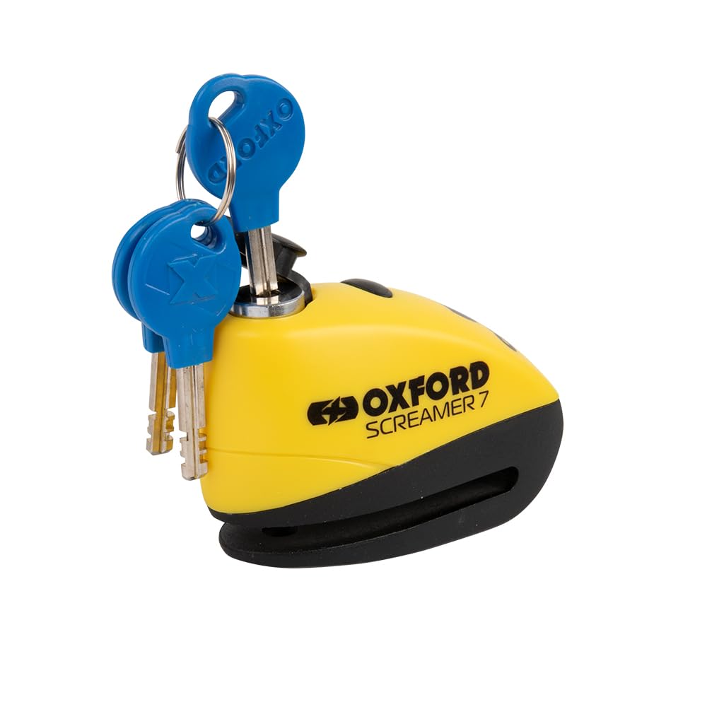 Oxford Screamer7 LK290 - Candado de disco con alarma para motocicleta, alta seguridad, 100 dB, para motocicleta, ciclomotor, motocross, color amarillo/negro