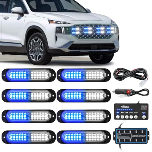 Nilight 8PCS Led Strobe Lights with Controller 12V 24V Sync Feature Blue White Strobe Light 12 LED Surface Mount Emergency Hazard Warning Lights with Strobe Controller for Vehicle Car Truck RV ATV