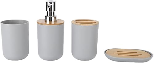 Miniatura 4 de Garosa Juego de 4 accesorios de baño de bambú, impermeable, plástico para cepillo de dientes, dispensador de loción, caja de jabón, taza de dientes