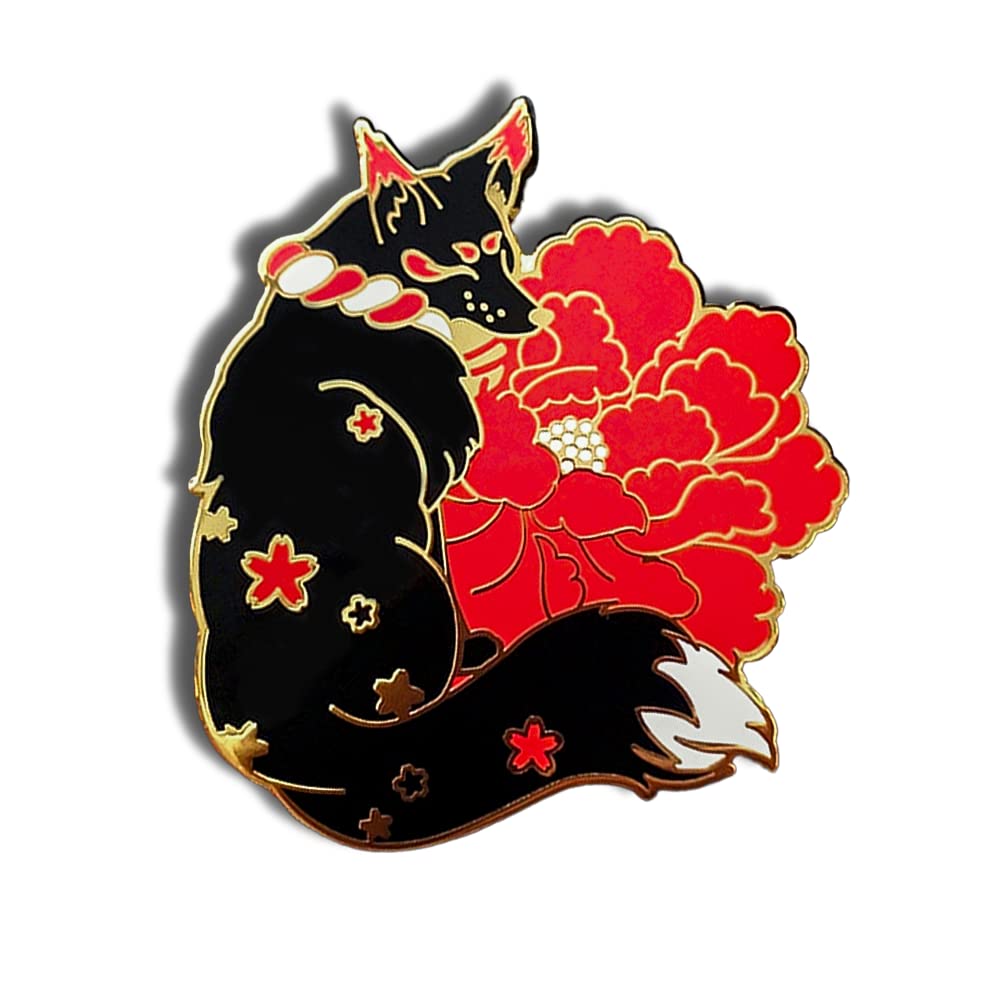 Amazon.com: Black Kitsune Fox Red Flowers Japanese Enamel Pin