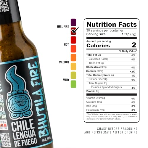 Image of Chile Lengua de Fuego Bhutila Fire - Carolina Reaper, Ghost Pepper & Scotch Bonnet Hot Sauce, Citrus & Smoke, 5 oz Bottle (Pack of 1)