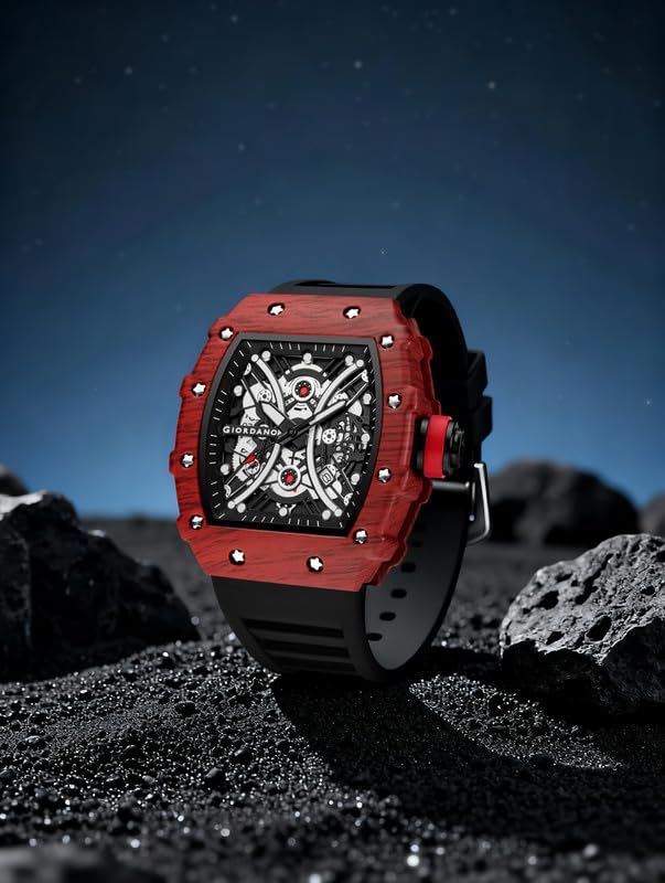 Image of Giordano Analog Square Watch for Men with Skeleton Design, Rugged Textured Case, Luminous Hands, and Silicone Strap