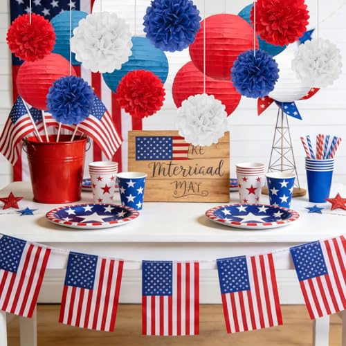Image of 18 PCS Red White Blue Paper Lanterns & Tissue Paper Pom Poms for July 4th Independence Day, Memorial Day, Baseball Party, Patriotic Veteran Celebration Theme Party Decoration Set Supplies