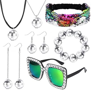 JeweBella 7 Pieces 1970s Disco Accessories Set for Women Disco Ball Earrings Necklace Bracelet Bling Headband Sunglasses 70s Disco Party Jewelry Costume Accessories for Women Girl