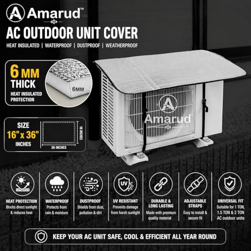 Image of AC Outdoor Unit Cover 6 mm Thick | 16 x 36 Inch Oneside Heat Insulated AC Cover for 1, 1.5 Ton & 2 Ton | Waterproof, Dustproof, Weatherproof AC Compressor Cover | UV Resistant Heat Protector