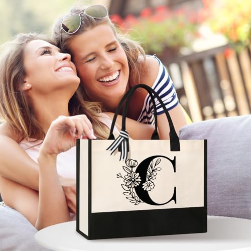 Image of Tecanne Personalized Initial Canvas Tote Bag, Suitable for Birthday, Wedding, Beach, Holiday, Gifts for Women, Mom, Teachers, Nurses, Best Friends, Bridesmaids (C)