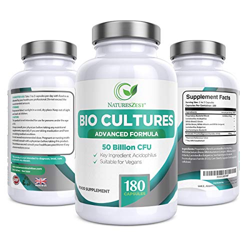 Natures Zest 50 Billion CFU Bio Cultures Probiotics with Prebiotics 180 Capsules MAX Strength for Adults (Men/Women) Dietary Supplement with Acidophilus, Bifidobacterium Infantis - 6 Months' Supply