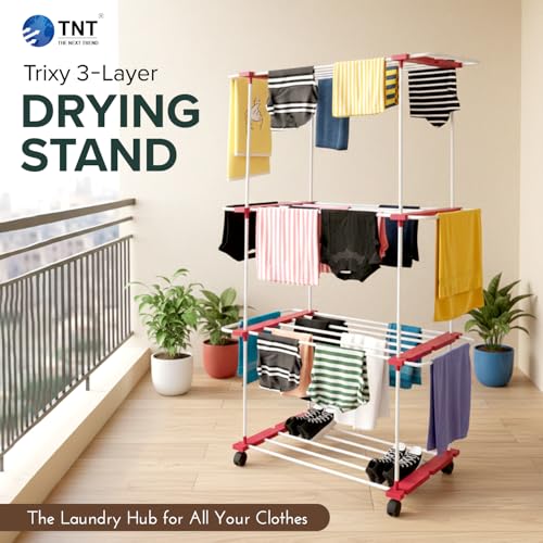 Image of TNT THE NEXT TREND Trixy 3 Layer Carbon Steel Indoor & Outdoor Cloth Dryer Stand | Heavy Duty Clothes Drying Rack with U-Bars, Wheels, 50.1 ft Drying Space, (L96 x B45.3 x H174 cm), Cherry