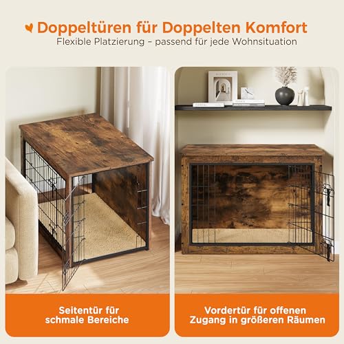 Yaheetech Hundekäfig Möbel mit Hundedecke & 2 Türen, Hundebox für Zuhause, Moderne Hundehütte Indoor, Hundebox Holz für Wohnzimmer, 96x65x68 cm, Braun