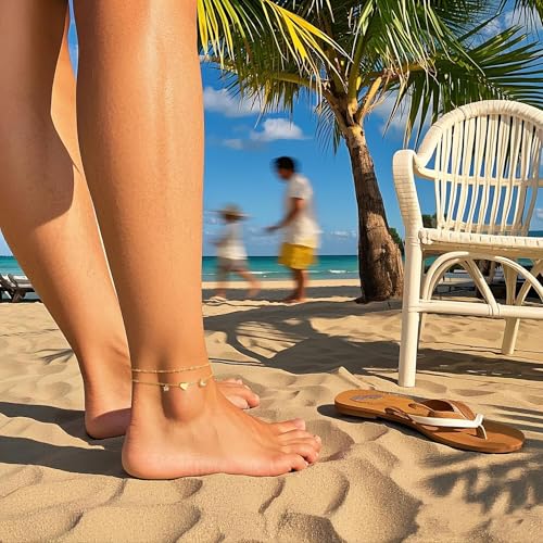 Image of DEARMAY Gold Ankle Bracelets for Women Waterproof, Non Tarnish 14K Gold Plated Beaded Link Chain Anklets, Layered Summer Beach Jewelry Gifts, Dainty Bikini Outfits for Vacation