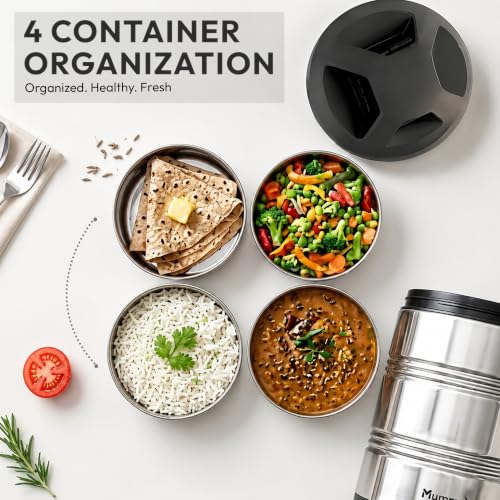 Image of Mumma's LIFE Lunch Box Steel Stainless | 4 Container Multipurpose Dishwasher Safe Tiffin Box for Office Use & School | Silver Finish Meal Carrier for Daily Use