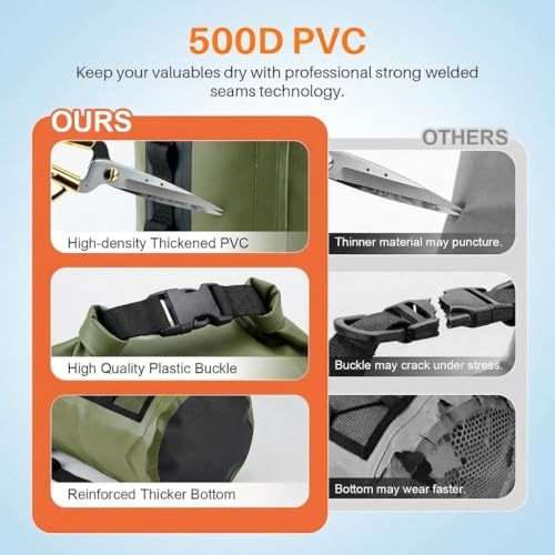 Image of Waterproof Dry Bag 500D PVC Roll Top Dry Sack with 3 Carrying Ways, Lightweight Waterproof Bag for Kayaking, Swimming, Boating, Paddle Boarding, Hiking, Beach (Army Green, 27L)
